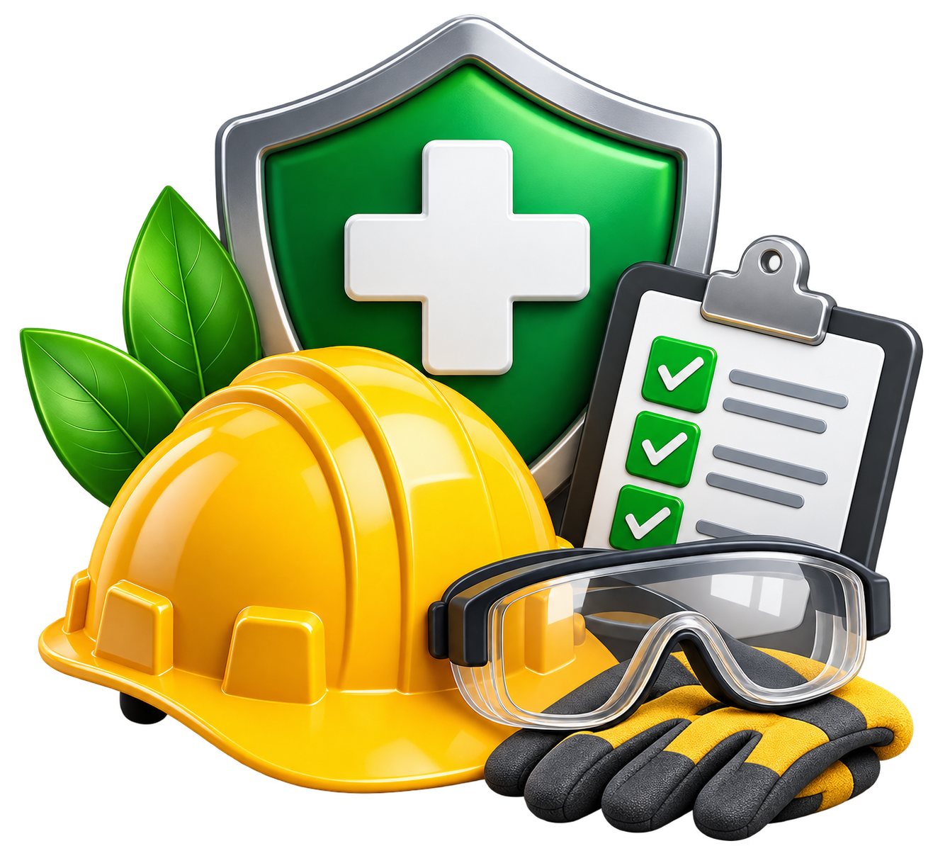 Icono de seguridad y salud en el trabajo: casco, guantes, gafas y checklist